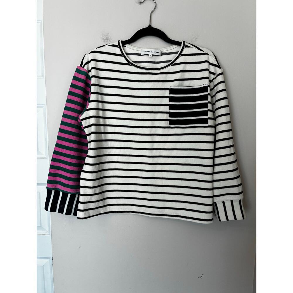 English Factory Striped Sweater Black White Pocket Colored Sleeve Long Sleeves M - Picture 1 of 5